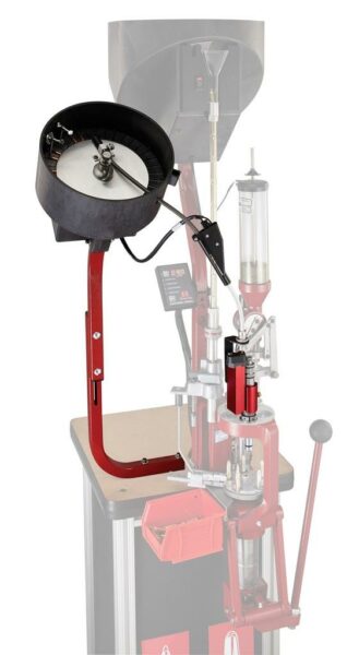 Bullet feeder system for reloading press machine.