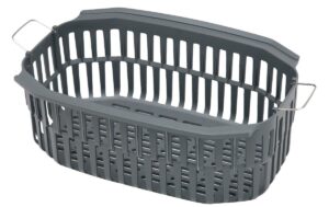 Gray plastic rectangular basket with handles.