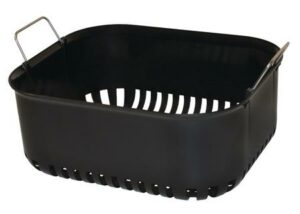 Black rectangular plastic basket with handles.