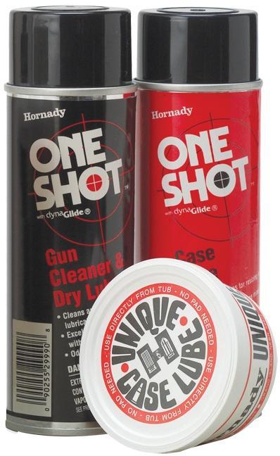 Hornady gun cleaner, lubricant, and case lube products.