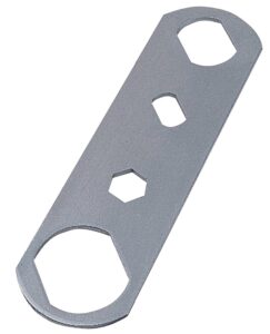 Metal multi-size wrench tool with hexagonal shapes.