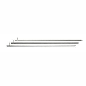 Three metal kebab skewers on white background.