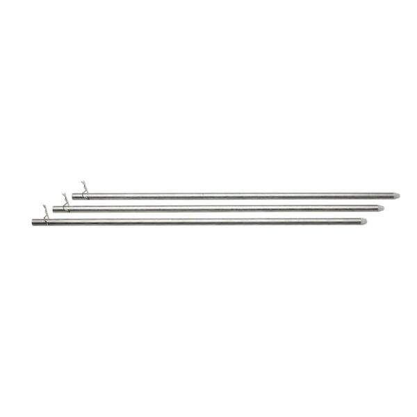 Three metal kebab skewers on white background.