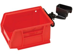 Red plastic storage bin with mounting bracket.