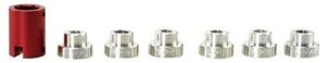 Seven metal sockets set on white background.