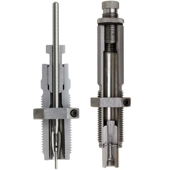 Two metal precision reloading dies close-up