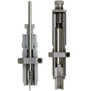 Two metal reloading dies with cutaway view.