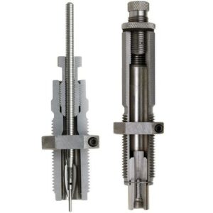 Two metal mechanical components for reloading ammunition.