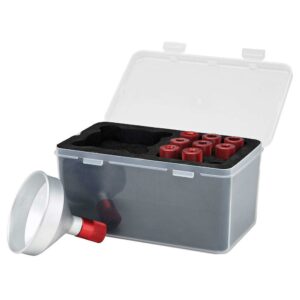 Red aluminum oil funnel set with storage case