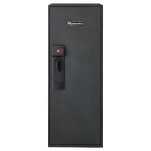 Secure black gun safe with electronic lock.
