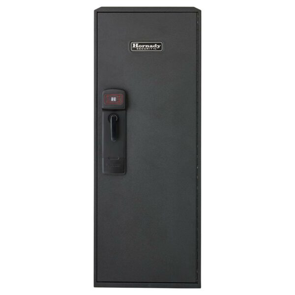 Secure black gun safe with electronic lock.