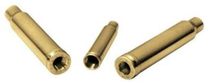 Three brass standoff spacers of different sizes.