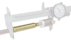 Caliper measuring bullet case length accurately.