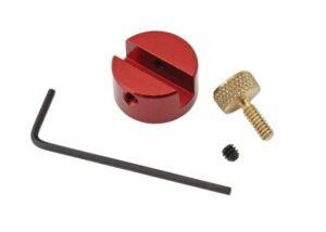 Red camera shoe mount with screw and wrench