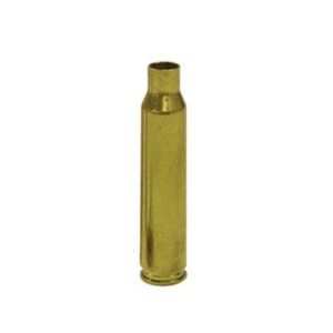 Brass bullet casing on white background