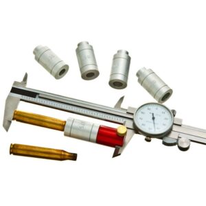 Caliper measuring bullet dimensions and gauge samples.