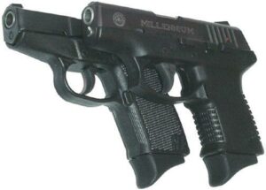 Two black handguns side by side, angled view.