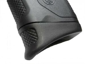 Black textured gun grip close-up view.