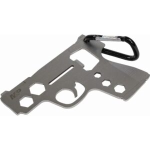 Gun-shaped multi-tool with carabiner attachment.
