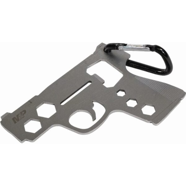 Gun-shaped multi-tool with carabiner attachment.