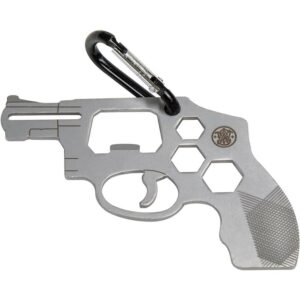 Gun-shaped multi-tool with carabiner clip.
