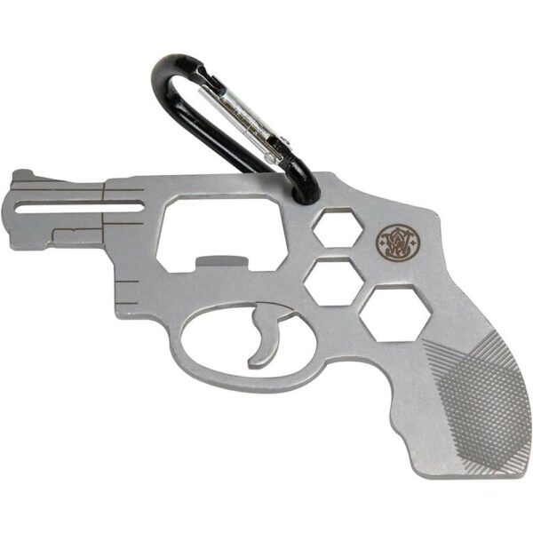 Gun-shaped multi-tool with carabiner clip.