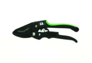 Black pruning shears with green handle