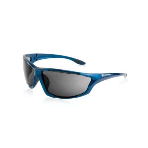 Blue sports sunglasses with dark lenses.