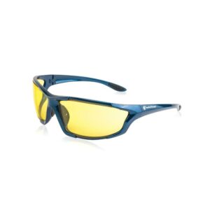 Stylish blue sunglasses with yellow lenses.