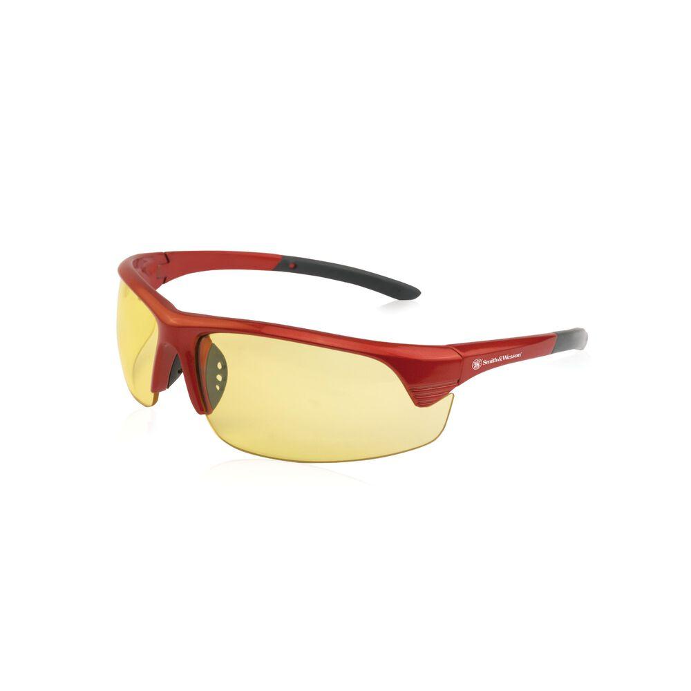 Red sports sunglasses with yellow lenses.