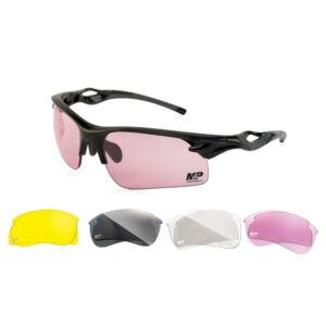 Sunglasses with interchangeable multicolor lenses displayed.
