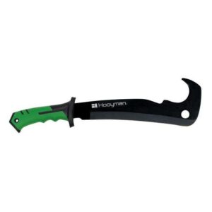 Hunting machete with green handle and curved blade.