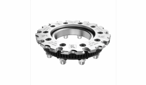 Metal gear wheel with detailed engravings on surface.
