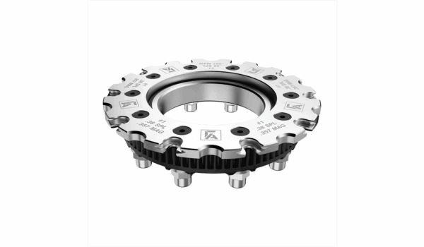 Metal gear wheel with detailed engravings on surface.