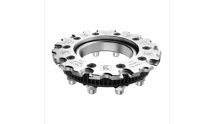 Metal machinery part with detailed engravings and bolts.