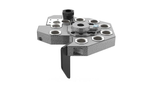 Industrial hexagonal adapter plate with multiple threaded holes.