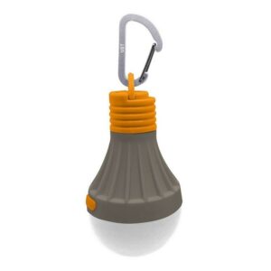 Portable LED camping lantern with carabiner clip.