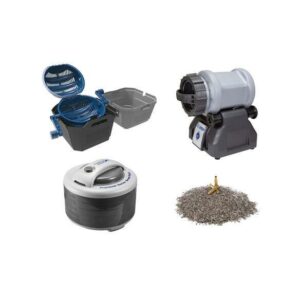 Gun reloading equipment and supplies displayed.