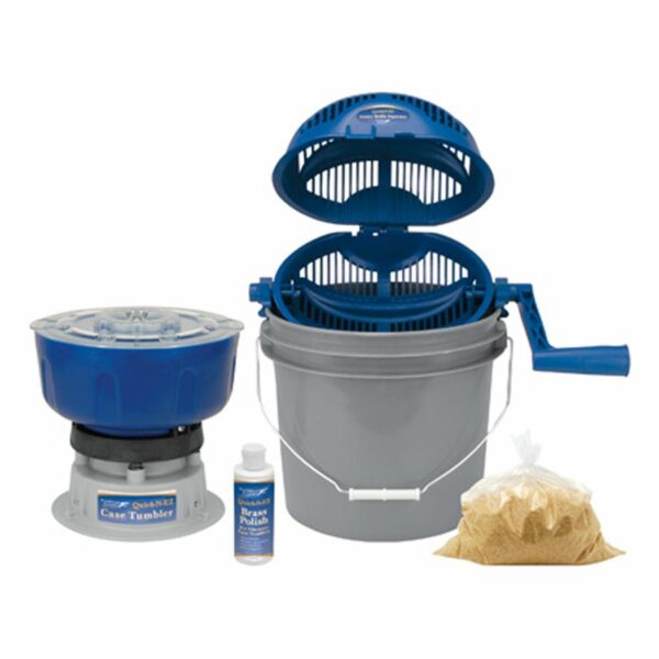 Brass case tumbler with accessories for cleaning.