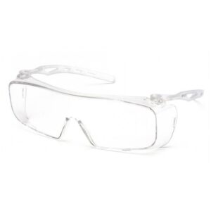 Clear protective safety glasses on white background