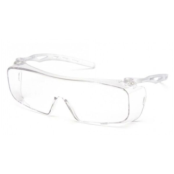 Clear protective safety glasses on white background