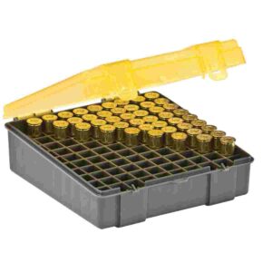 Open ammo box with yellow lid and bullets.