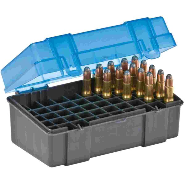 Ammunition box with bullets and blue lid.
