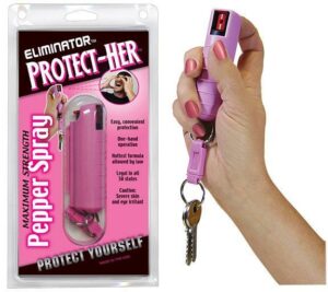 Pink pepper spray keychain for self-defense.