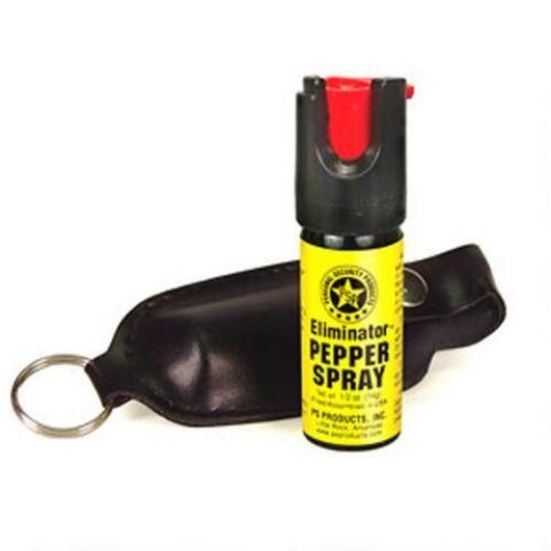 Yellow pepper spray bottle with black keychain case.
