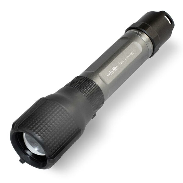 Black tactical flashlight with textured grip