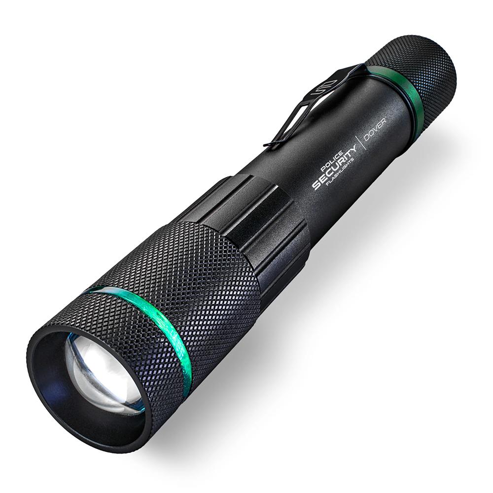 Black flashlight with textured grip and clip