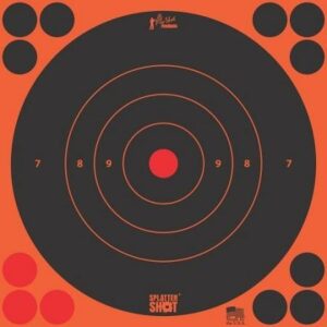 Black and orange shooting target with circles and numbers.