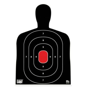 Silhouette shooting target with scoring zones and bullseye.