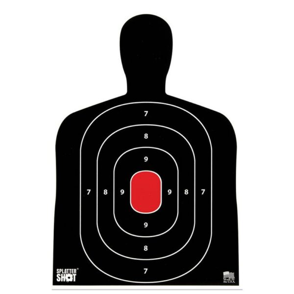 Silhouette shooting target with scoring zones and bullseye.